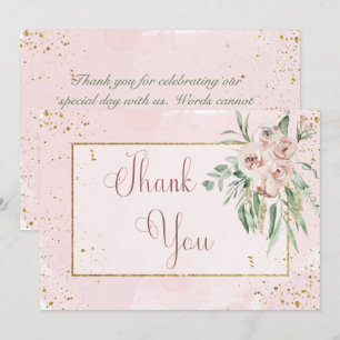 Carte De Remerciements Mariage Blush Roses & Gold Accents