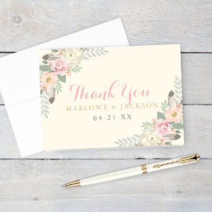Carte De Remerciements Mariage Bohème avec Monogramme Floral et Plume