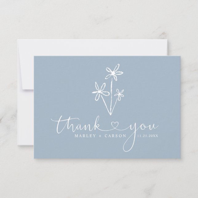 Carte De Remerciements Mariage Bohème Écriture Cœur Bleu Poussiéreux (Devant)