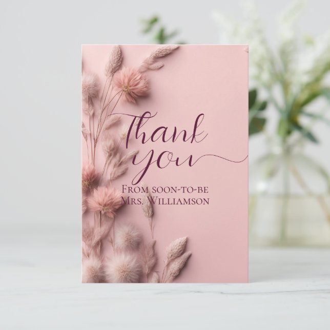 Carte De Remerciements Mariage Bohème Fleurs Séchées Roses Fête de Mariée (Debout devant)