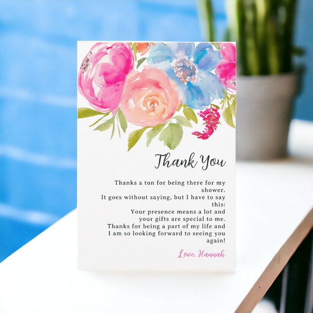 Carte De Remerciements Mariage bohème rose floral aquarelle shower (Bohemian pink blue floral watercolor bridal shower thank you card)