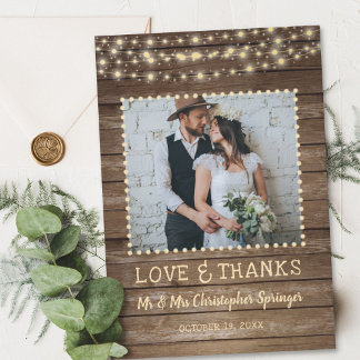 Carte De Remerciements Mariage Bois Rustique et Guirlandes de Lumieres Me