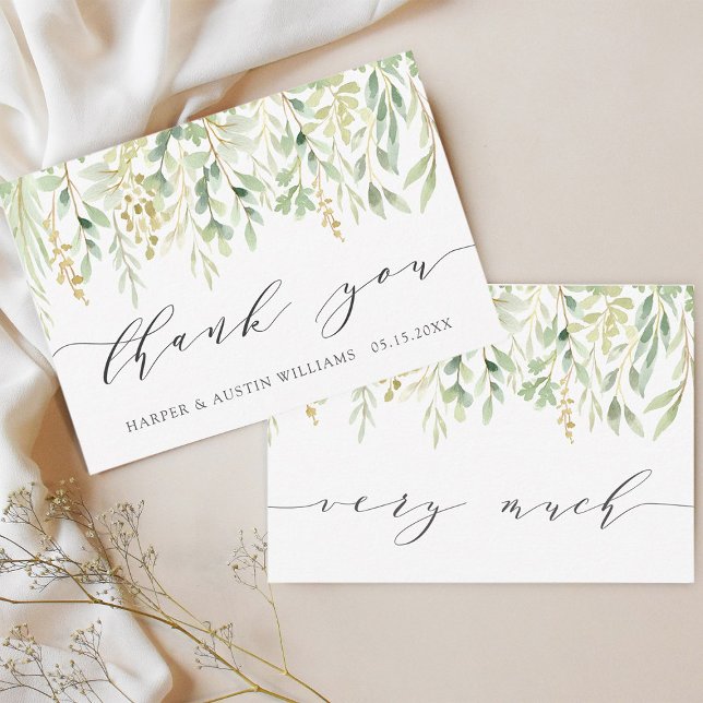 Carte De Remerciements Mariage Botanique Feuillage Vert (Front & Back)