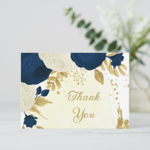 Carte De Remerciements mariage botanique naval & fleurs blanches or 