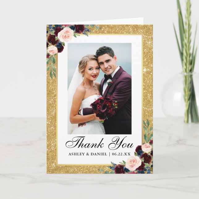 Carte De Remerciements Mariage Burgundy Bleu Floral Parties scintillant o (Devant)