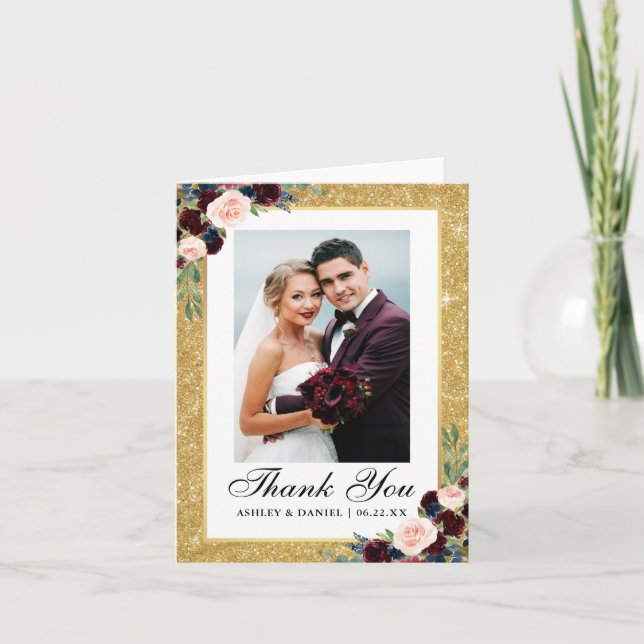 Carte De Remerciements Mariage Burgundy Blue Floral Gold Parties scintill (Devant)
