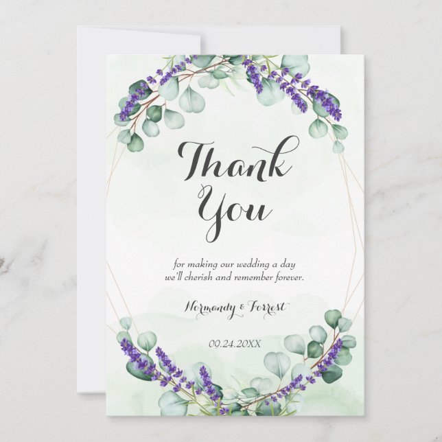Carte De Remerciements Mariage Cadre Doré Eucalyptus Lavande Rustique (Devant)