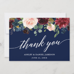 Carte De Remerciements Mariage Calligraphie l Bourgogne Floral Bleu