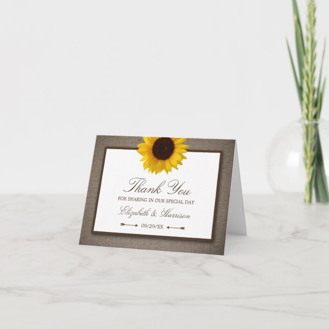 Carte De Remerciements Mariage Campagne Rustique Tournesol & Toile de Jut (Devant)