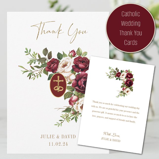 Carte De Remerciements Mariage catholique Claret Floral Gold Crucifix (Créateur téléchargé)