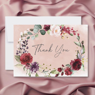 Carte De Remerciements Mariage champêtre avec des roses Bourgogne et rose