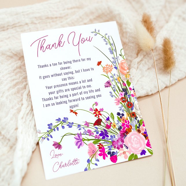 Carte De Remerciements Mariage champêtre chic moderne avec fleurs sauvage (Modern chic wild flowers script bridal shower thank you card)