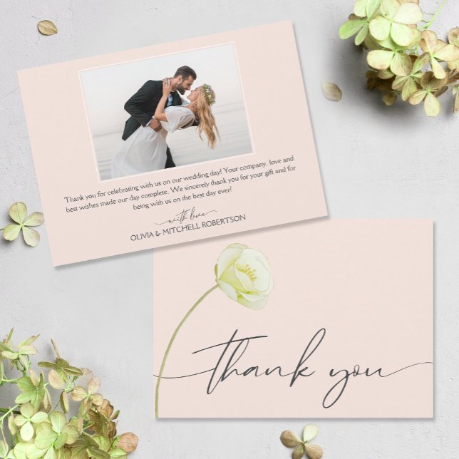 Carte De Remerciements Mariage Chic Watercolor (Watercolor flower on front, your photo and message on the back of flat wedding thank you cards)