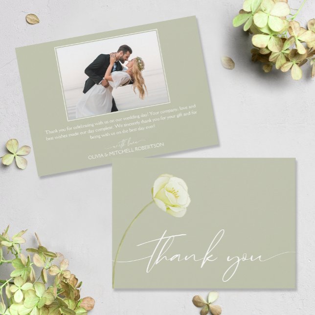 Carte De Remerciements Mariage Chic Watercolor (Watercolor flower on front, your photo and message on the back of flat wedding thank you cards)