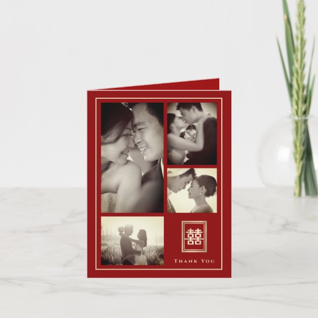 Carte De Remerciements Mariage chinois à double bonheur (Devant)