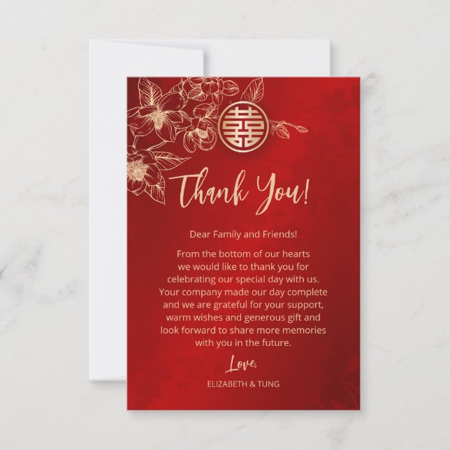 Carte De Remerciements Mariage chinois Magnolia Red Gold (Devant)