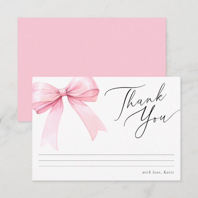 Carte De Remerciements Mariage Coquette Rose avec un Nœud (Devant / Derrière)