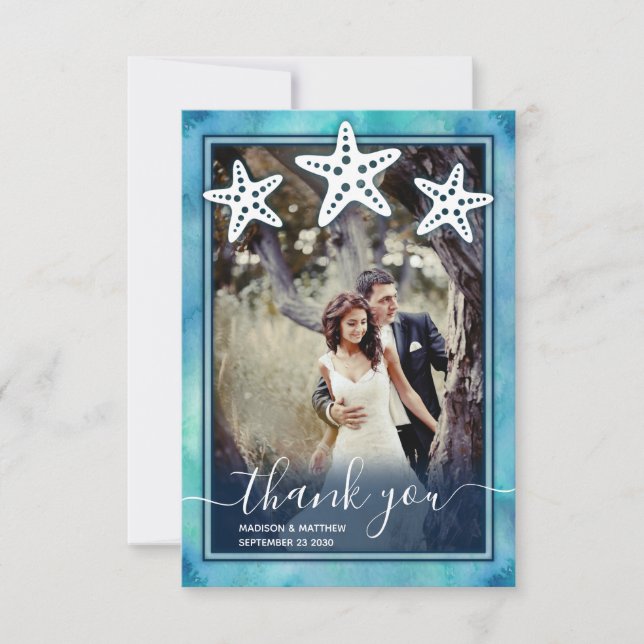 Carte de remerciements Mariage couleur bleu mer (Devant)