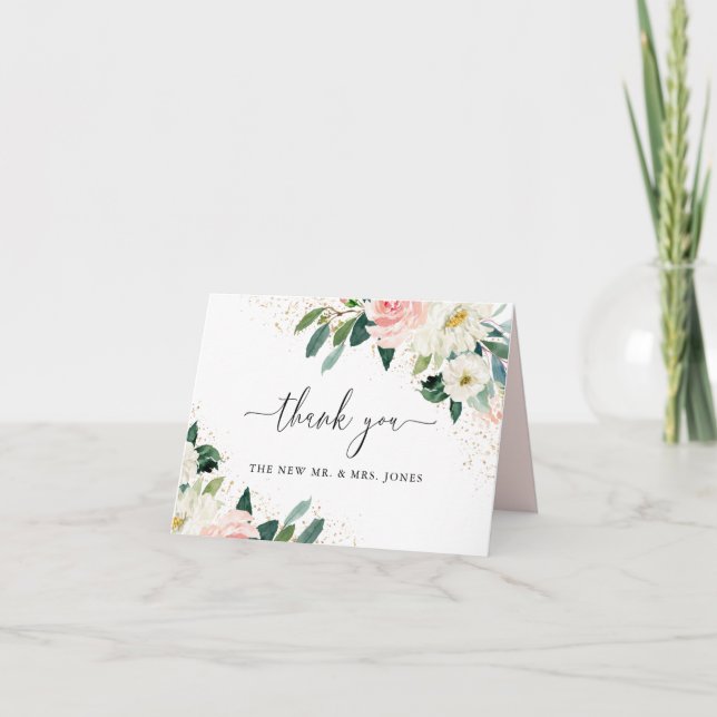 Carte De Remerciements Mariage d'aquarelle florale de broyage doré (Devant)