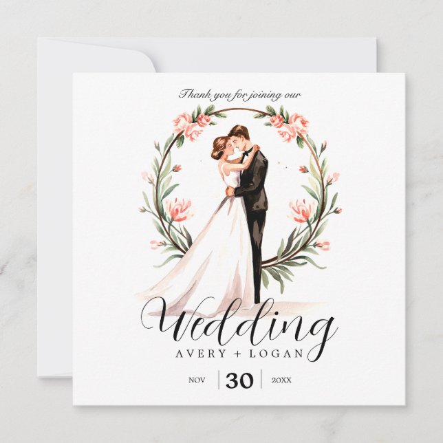 Carte De Remerciements mariage d'aquarelle mariée et mariée (Devant)