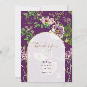 Carte De Remerciements Mariage d'arc doré fleuri violet