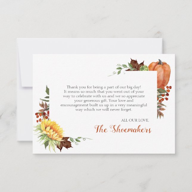 Carte De Remerciements Mariage de automne citrouille de tournesol (Dos)