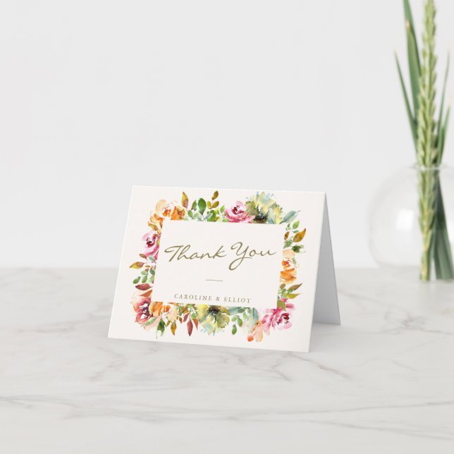 Carte De Remerciements Mariage de bordure florale Aquarelle Script person (Devant)