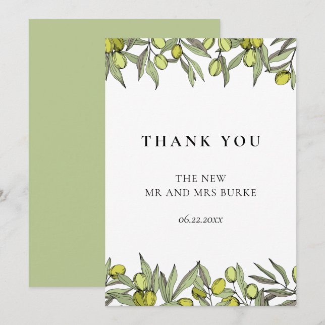 Carte De Remerciements Mariage de branche Olive moderne (Devant / Derrière)