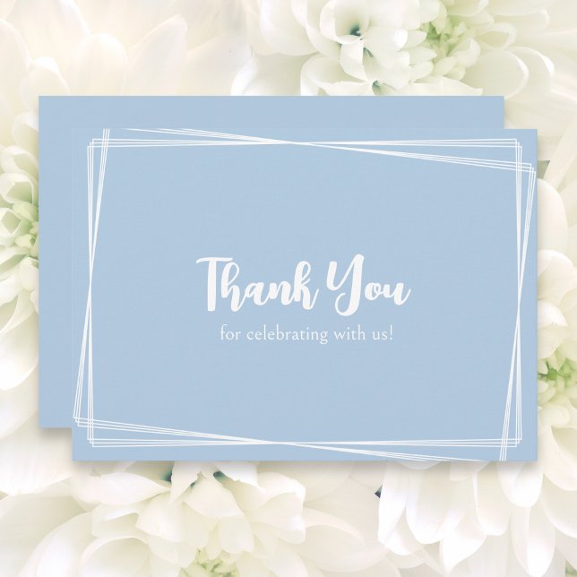 Carte De Remerciements Mariage de cadre géométrique de script élégant ble (A wedding Thank You card, in dusty blue, with elegant white border design and white typography)