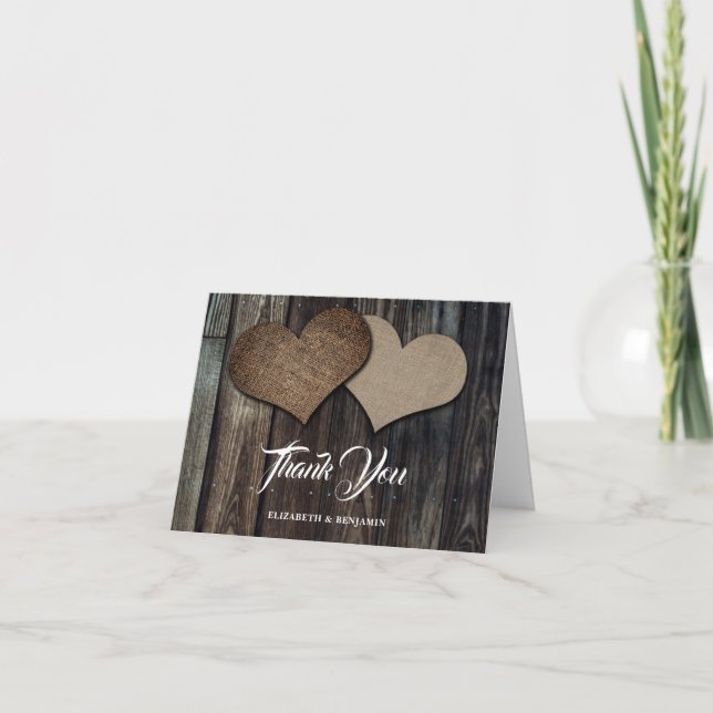Carte De Remerciements Mariage de coeur de Burlap en bois rustique (Devant)