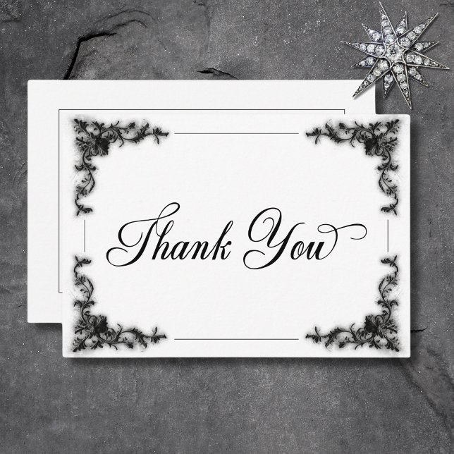 Carte De Remerciements Mariage de coeur gothique noir et blanc en fibre (Gothic Black & White Filigree Heart Wedding Thank You Card)
