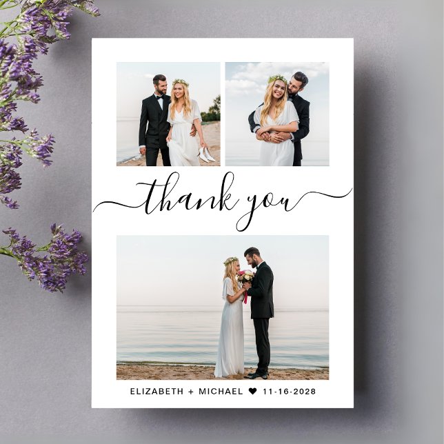 Carte De Remerciements Mariage de collection photo de script chic (Celebrate your love story with a thank you card showcasing your favorite wedding day photos)