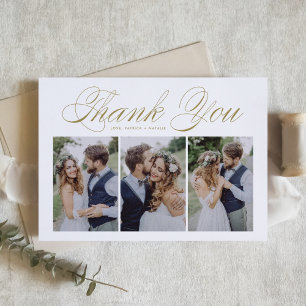 Carte De Remerciements Mariage de collection photo Gold Script Three
