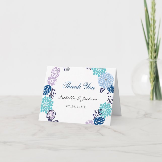 Carte De Remerciements Mariage de couronne violet et bleu du jardin (Devant)