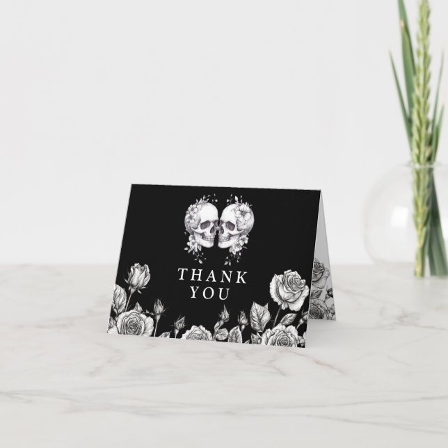 Carte De Remerciements Mariage de crânes floraux gothiques noirs et blanc (Devant)