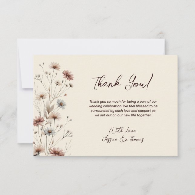 Carte De Remerciements Mariage de crème Boho Chic Fleur sauvage simple (Devant)