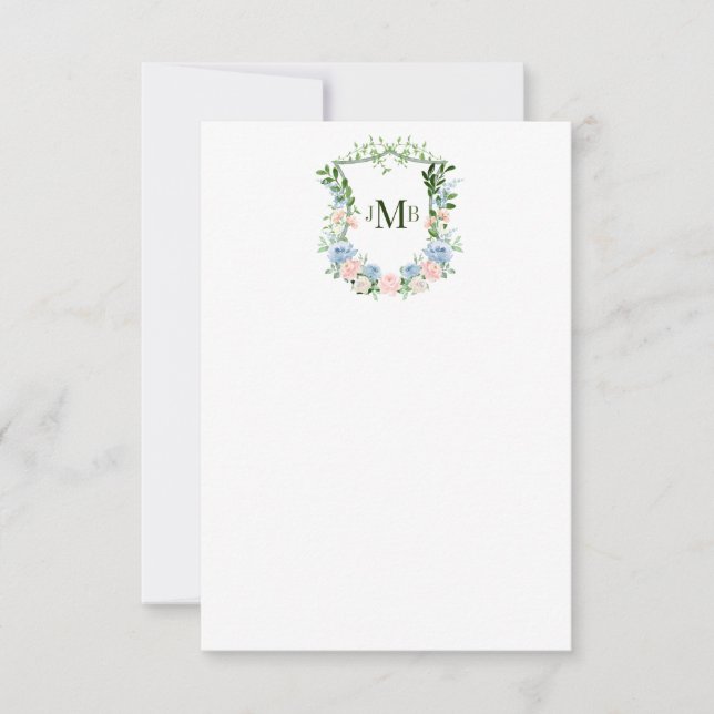 Carte De Remerciements Mariage de crête florale bleu poussiéreux (Devant)