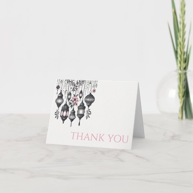 Carte De Remerciements Mariage de fleurs et lanternes roses (Devant)