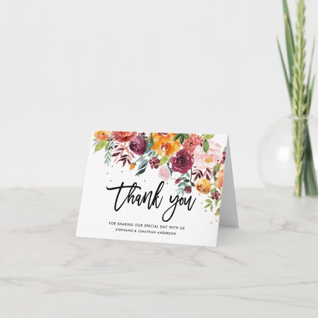 Carte De Remerciements Mariage de fleurs florales de Bourgogne d'automne (Devant)