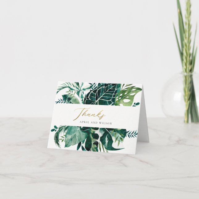 CARTE DE REMERCIEMENTS MARIAGE DE FOLIAGE VERT MONSTERA TROPICAL MODERNE (Devant)