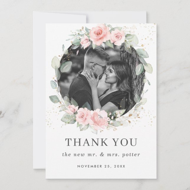 Carte De Remerciements Mariage de la couronne florale rose pâle (Devant)