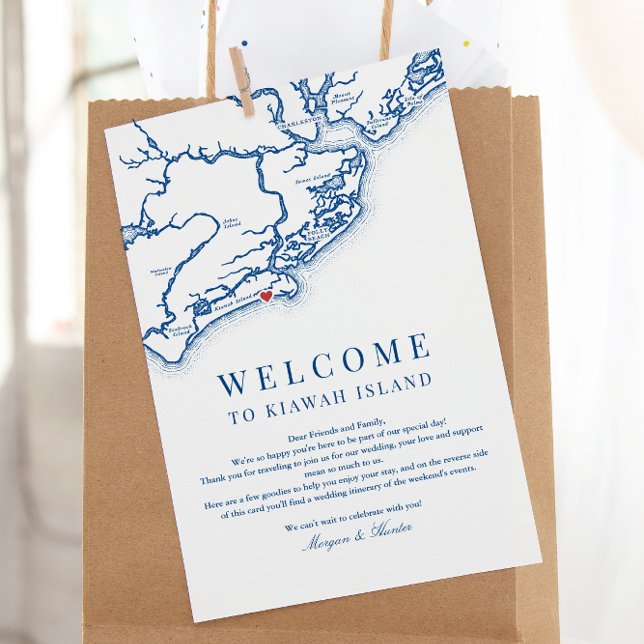 Carte De Remerciements Mariage de l'île de Kiawah Bienvenue Itinéraire Ma (Kiawah Island SC Map Weekend Events Itinerary Schedule Welcome Letter in elegant navy blue)