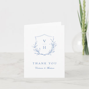Carte De Remerciements Mariage de monogramme bleu simple de crête botaniq