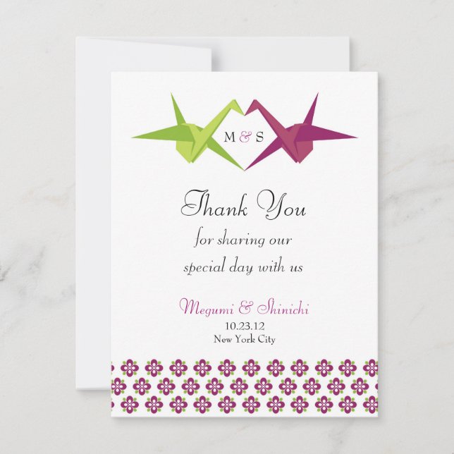 Carte De Remerciements Mariage de papier de grue d'origami (Devant)
