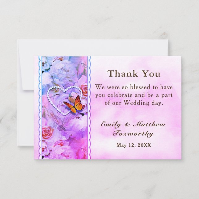 Carte De Remerciements Mariage de papillon Pearl Heart Rose Roses (Devant)