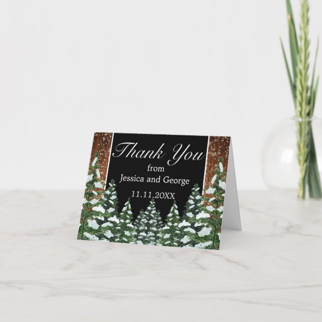 Carte De Remerciements Mariage de pin noir et neige (Devant)