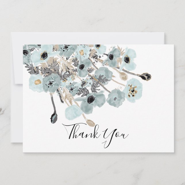 Carte De Remerciements Mariage de Poppies Florales bleu et gris (Devant)