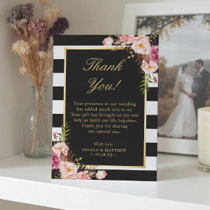 Carte De Remerciements Mariage de rayures blanches rose florale noire