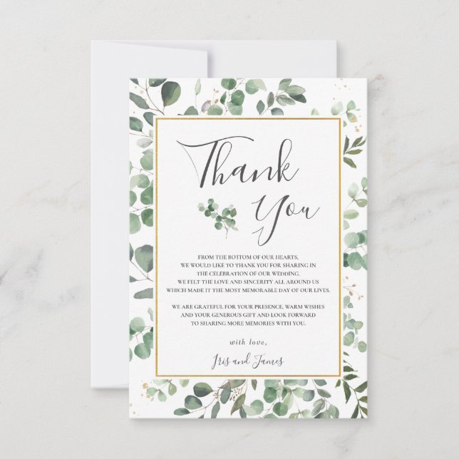 Carte De Remerciements Mariage de rectangle or élégant Eucalyptus Vert (Devant)
