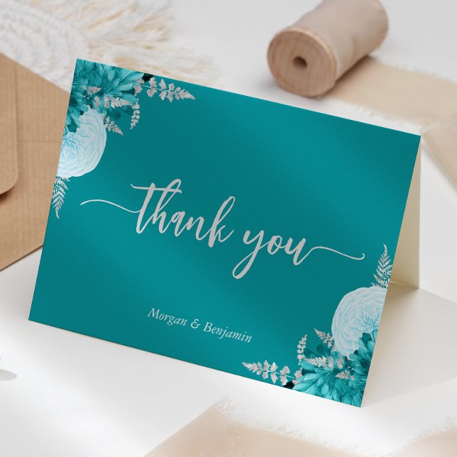 Carte De Remerciements Mariage de script Floral Argent Turquoise (Créateur téléchargé)